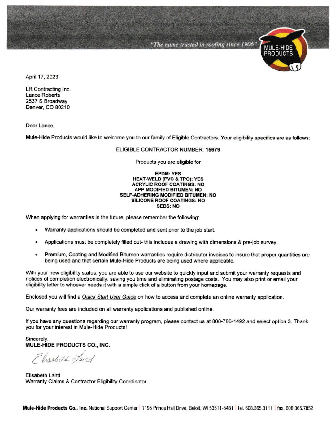 Mulehide Contractor Certified Letter